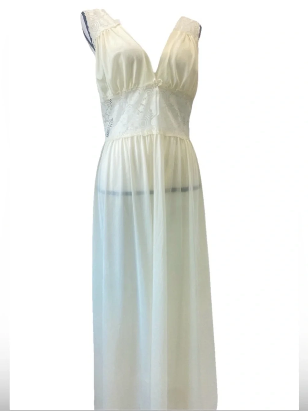 Vintage sheer nylon/chiffon nightgown lingerie Ivory Cream Lace 60s 70s Small - Picture 5 of 16